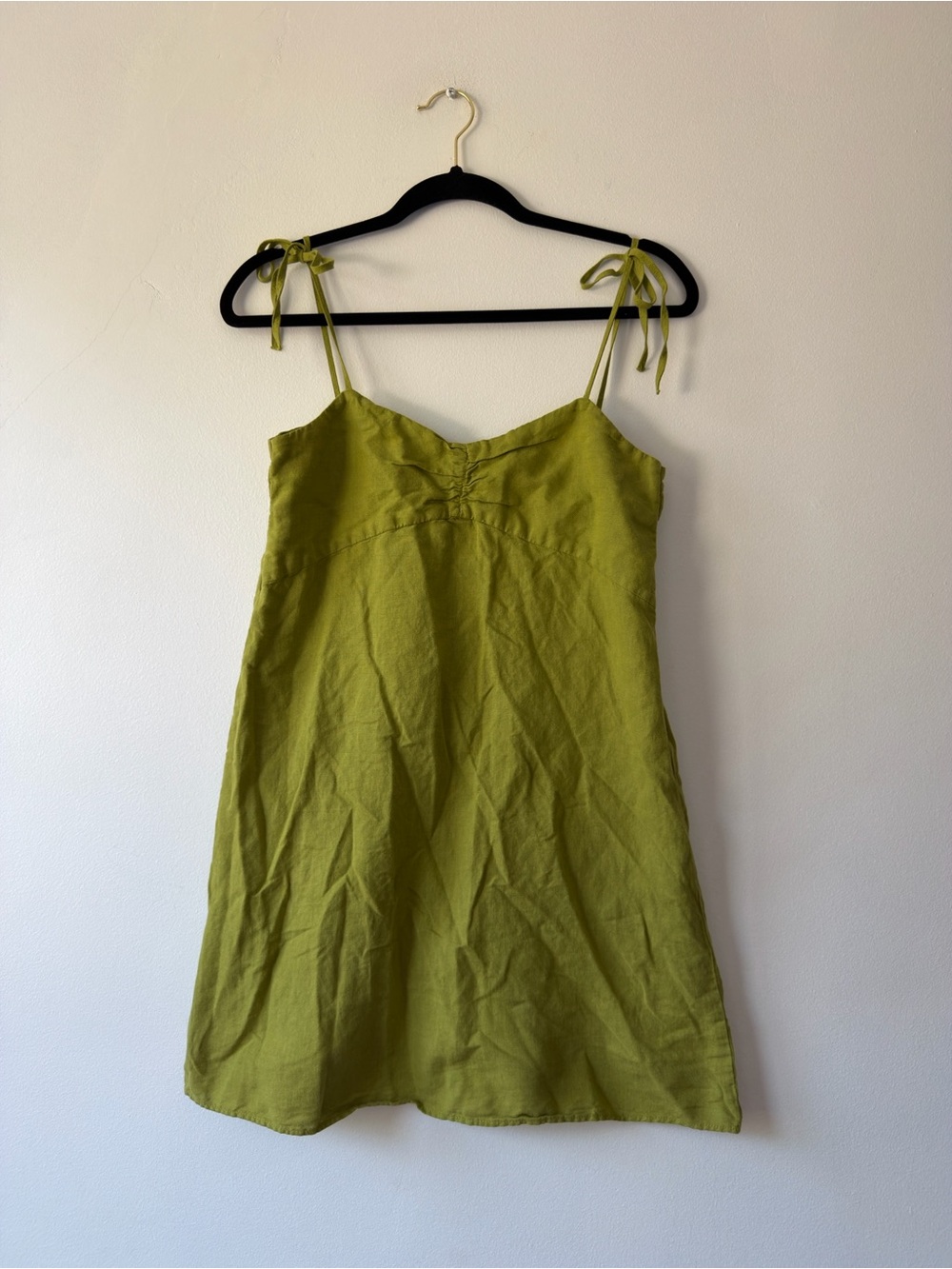 Zara Linen Tie-Shoulder Slip Dress in Olive Green
